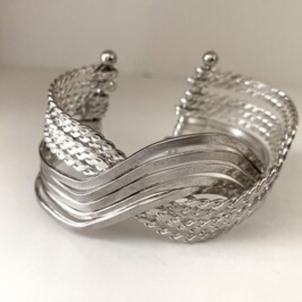 Sterling Silver Vintage Interlocking Cuff Bracelet 10 Strands
